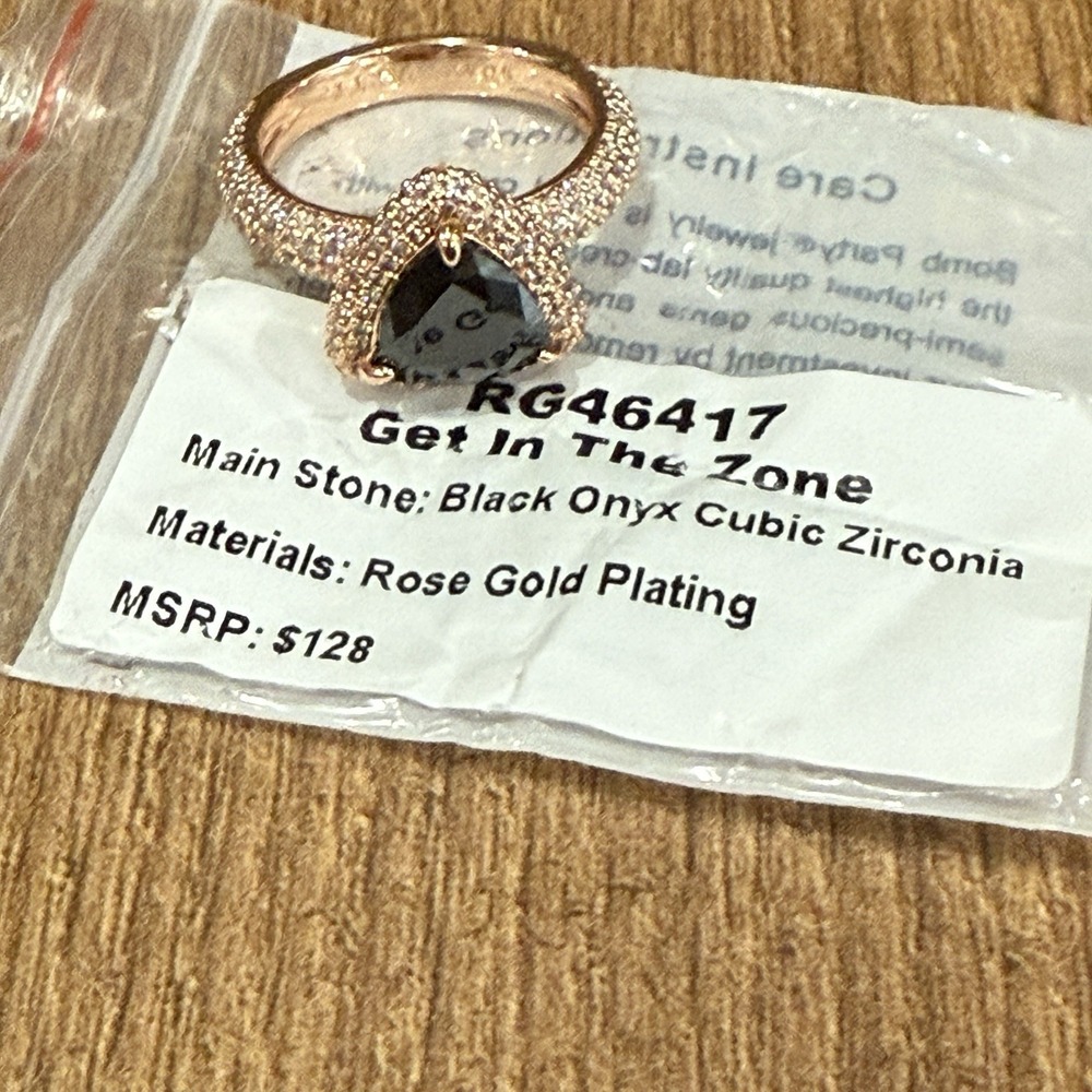 Bomb Party Ring Get In The Zone Rose Gold Plating Black Onyx RG46417 Size 8 NEW - Picture 2 of 3